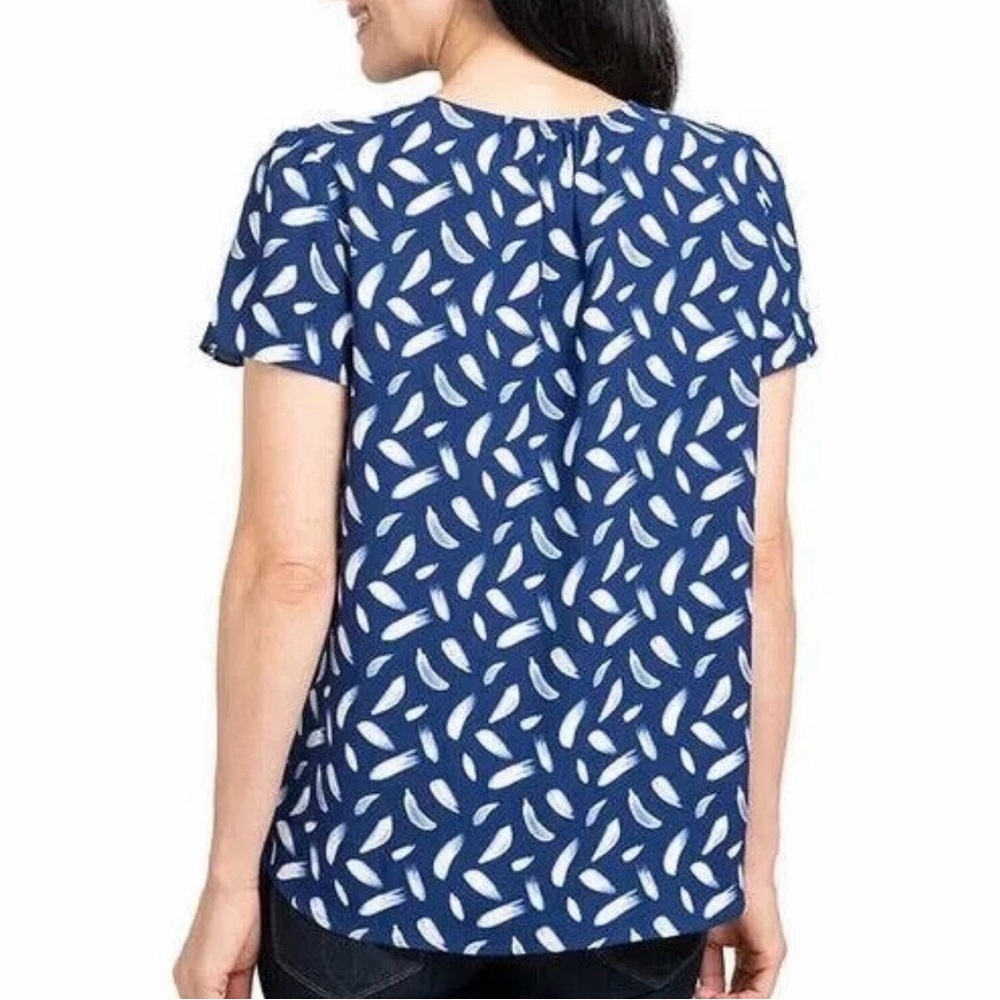 Hilary Radley V-Neck Blouse with Leaf Pattern in Indigo & Off-White, Like New - Picture 2 of 5